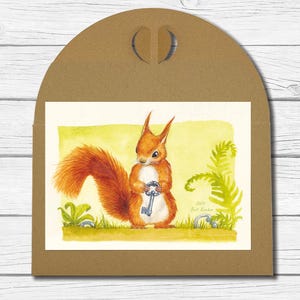 A6 Kunst-Postkarte Nr. 14 - "Eichhörnchen mit Schlüssel"