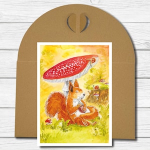 A6 Kunst-Postkarte - Eichhörnchen mit Fliegenpilz