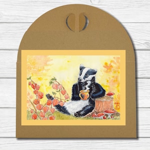 A6 Kunst-Postkarte - "Dachs und Lampionblume" (Oktober 2023)