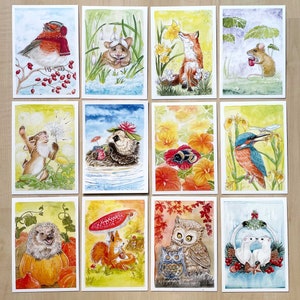 Postkarten-Set Kalendermotive 2022 - niedliche Aquarelle heimischer Tiere und Pflanzen