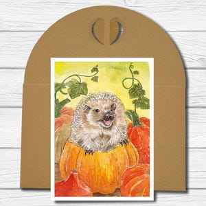 A6 Kunst-Postkarte - Igel im Kürbis