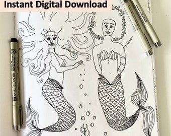 Mermaid Colouring Page for Adults and Kids, instant download and printable