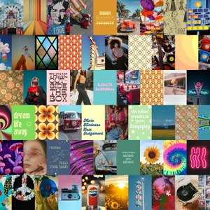 Könnte beinhalten: Eine Collage von Bildern mit einem Thema aus den 1970er Jahren. Die Bilder zeigen ein Oldtimer-Auto, ein Batik-Shirt, eine Sonnenblume, ein Peace-Zeichen, einen Plattenspieler, ein Retro-Diner und eine Vielzahl anderer Bilder.