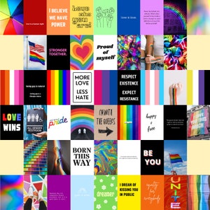 Può includere: Un collage di immagini che celebrano l'orgoglio e i diritti LGBTQ+. Le immagini presentano arcobaleni, cuori, pugni e testi come "L'amore vince", "Più amore meno odio", "Sono con i queer", "Nato così", "Sii te stesso" e "Uguaglianza per tutti".