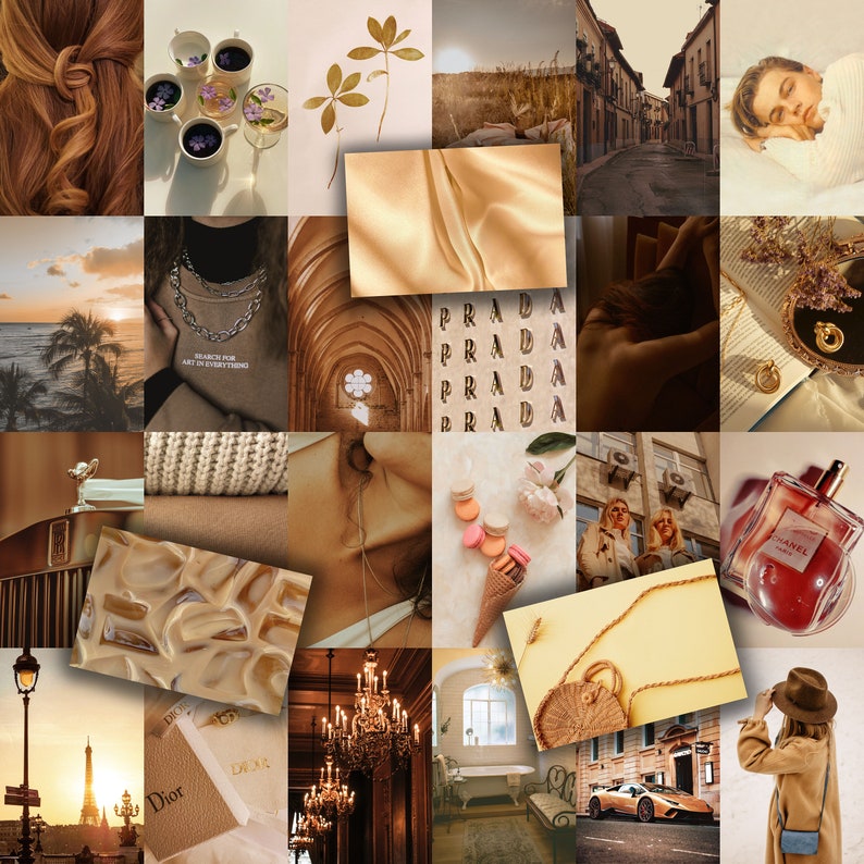Photo Collage Kit 108 pcs Beige Aesthetic, Brown and Cream Wall Collage Set, Beige Collage Kit Wall Decor image 2