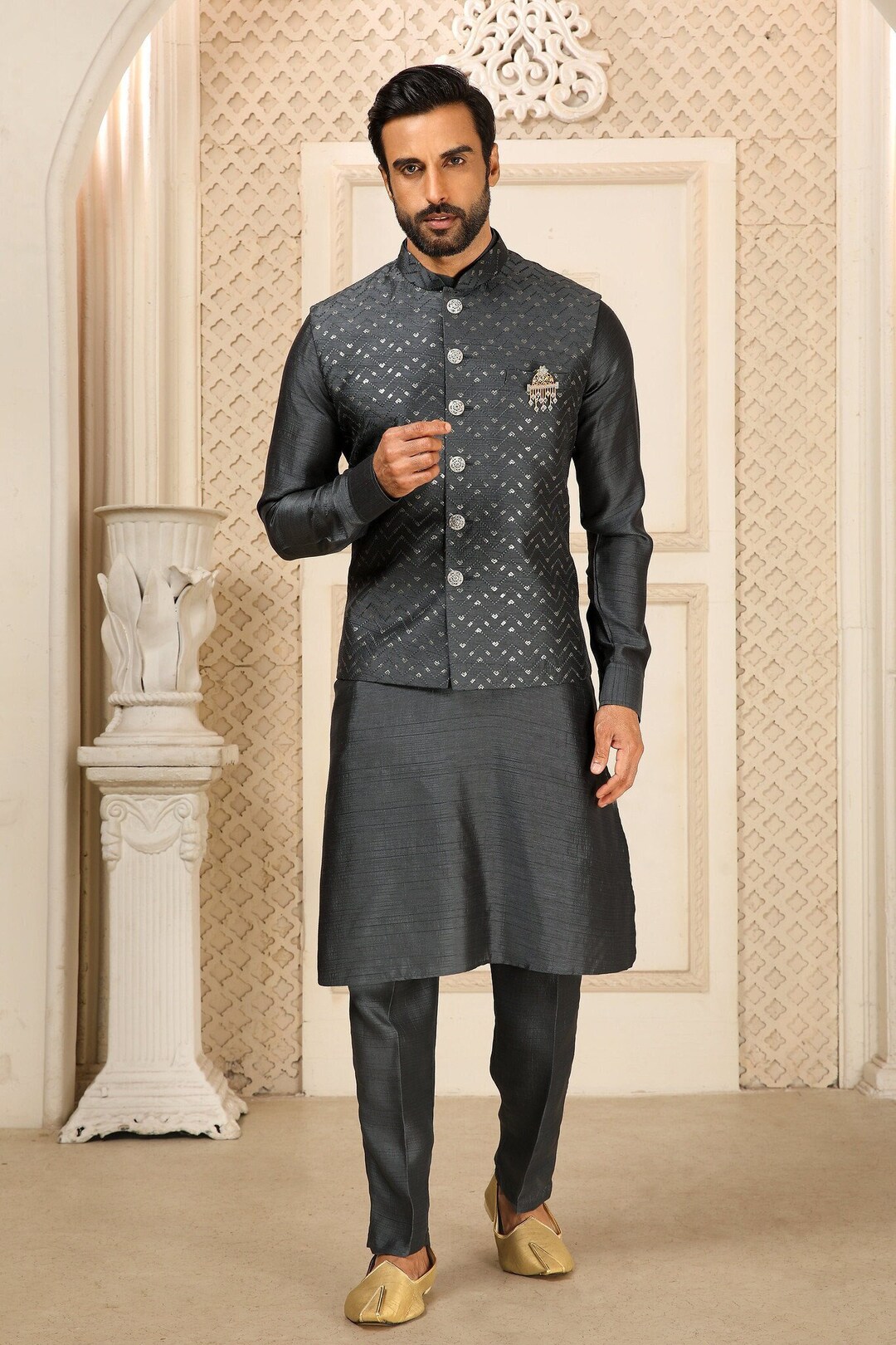 Gray Embroidery Men's Kurta Set Groomsmen Sherwani Sangeet,reception