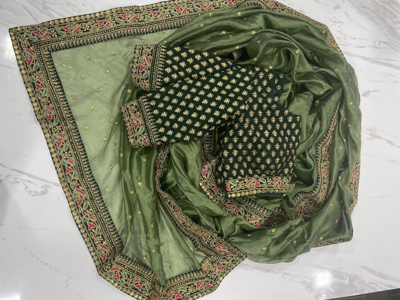 Green Organza Saree Indian Wedding Sari Bridal Saree Blouse - Etsy