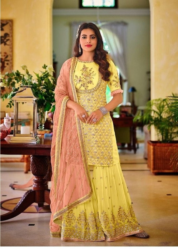 Yellow georgette party wear sharara suit