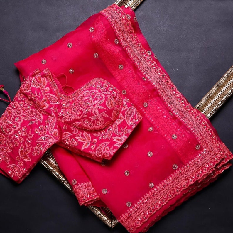 Red Organza Saree Indian Wedding Sari Bridal Saree Blouse - Etsy