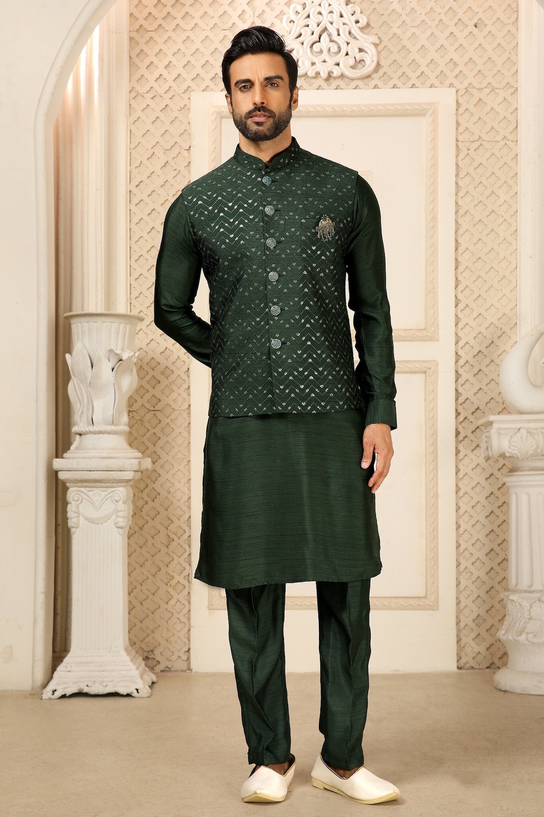 Green Men's Kurta Set Reception Wear Nehru Jacket Kurta Groomsmen