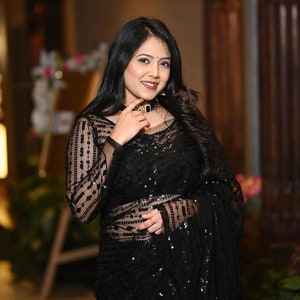 Designer Black Saree for Women Wedding Party Wear Sarees Bridesmaids ...