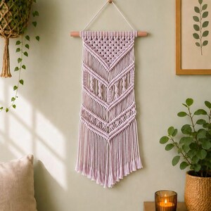 Handmade White Macrame Wall Hanging | Boho Cotton Fiber Art, Modern Dowel Decor