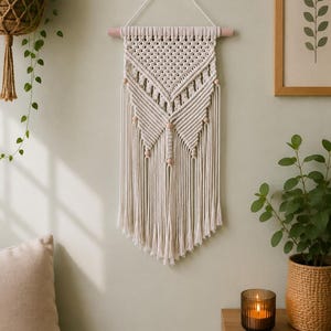 May include: A cream-coloured macrame wall hanging featuring intricate knotted patterns, suspended from a light wooden dowel with a white cord. The design includes geometric shapes and small wooden beads, ending in long, straight fringe tassels.