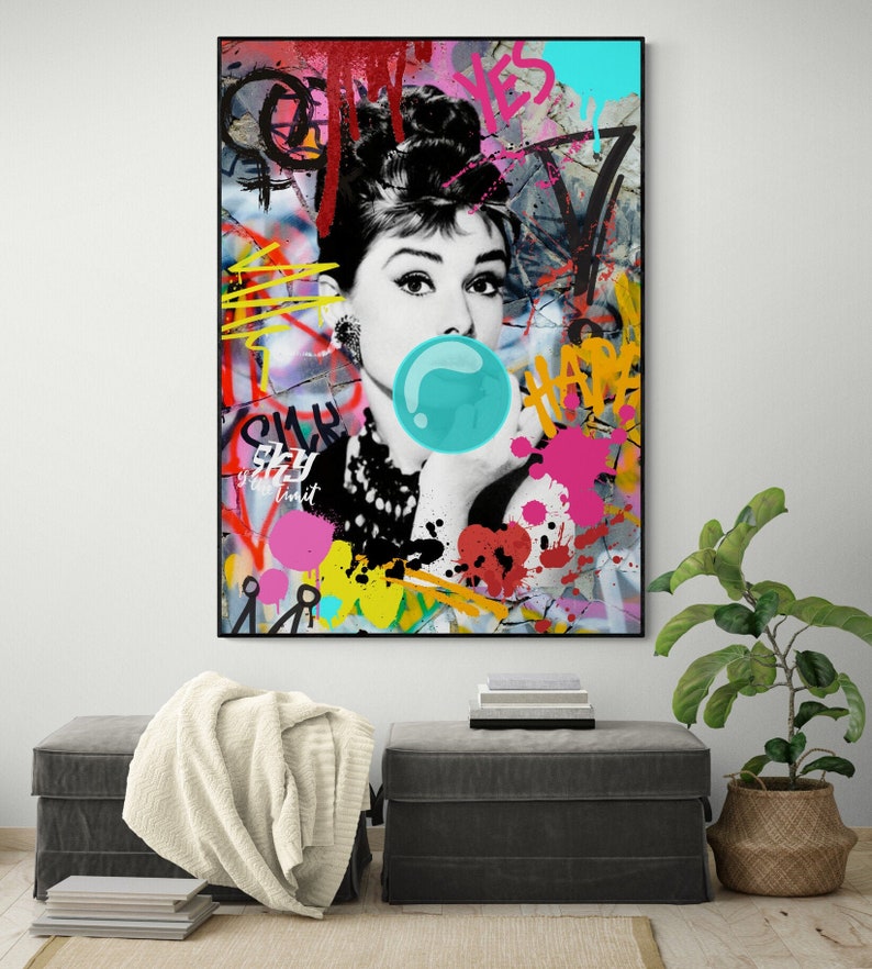 Audrey Hepburn Graffiti Style Bubble Gum Funky Print | Etsy