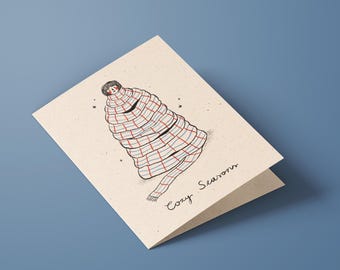 Cozy Seasons A6 Christmas Card Vintage inspired Retro Scarf Illustration Art Print