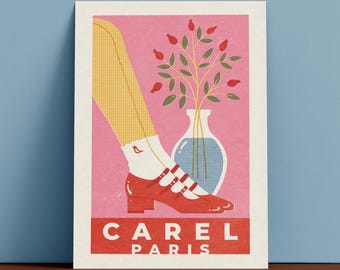 Carel Paris Mary Janes A6 Vintage inspiriertes Streichholzbuch Retro Französische Mode Illustration Kunstdruck