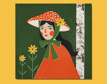 Mushroom Girl Vintage inspired Retro Illustration Square Art Print