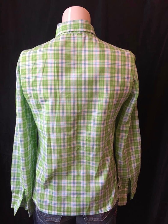 French vintage 1970s pointed collar green tartan … - image 5