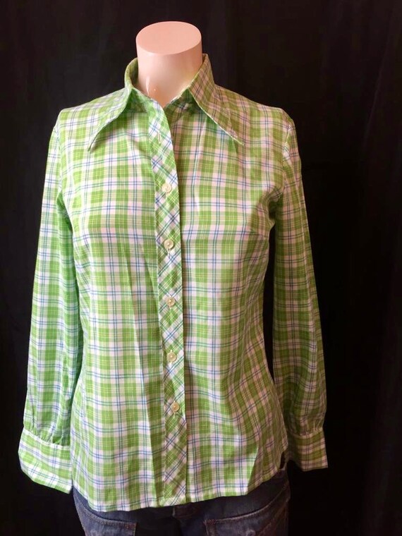 French vintage 1970s pointed collar green tartan … - image 2