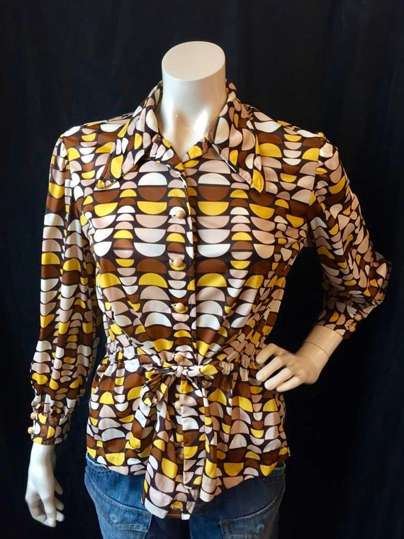 French vintage 1970s 70s brown yellow geometric bl