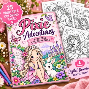 Malbuch „Pixie Adventures“ für Kinder | Ausmalbilder mit Feen zum Ausdrucken | Sofortiger PDF-Download