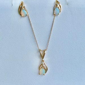 14k Yellow Gold Opal and Diamond Necklace+Earring Set