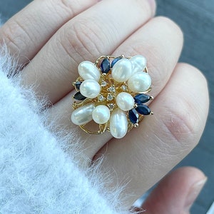 Statement | 14k Yellow Gold Ring Flower Ring with Sapphires, Pearls, and Diamonds