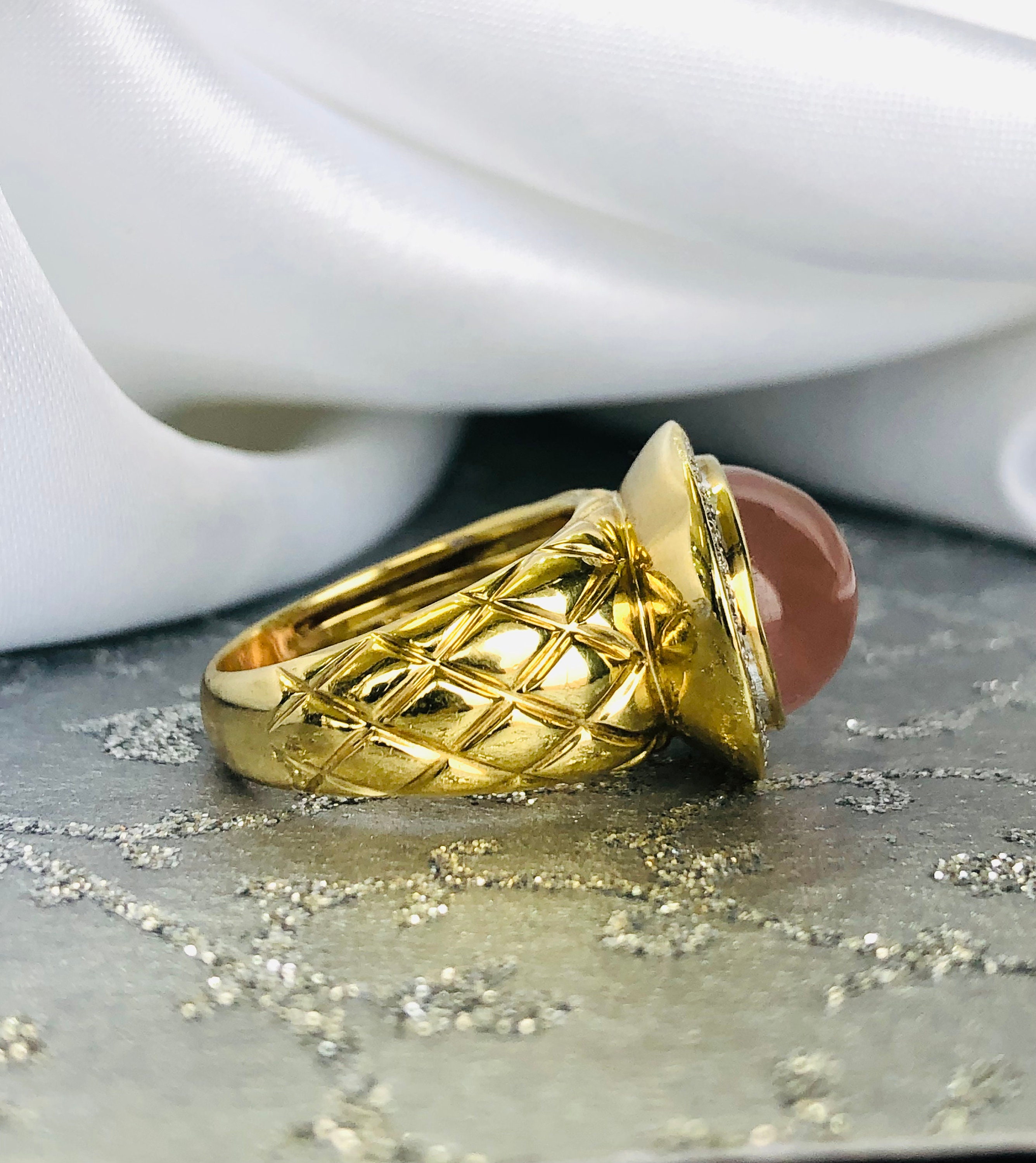Statement Gemstone Ring | 18k Yellow Gold Rose Quartz Diamond Halo Ring ...