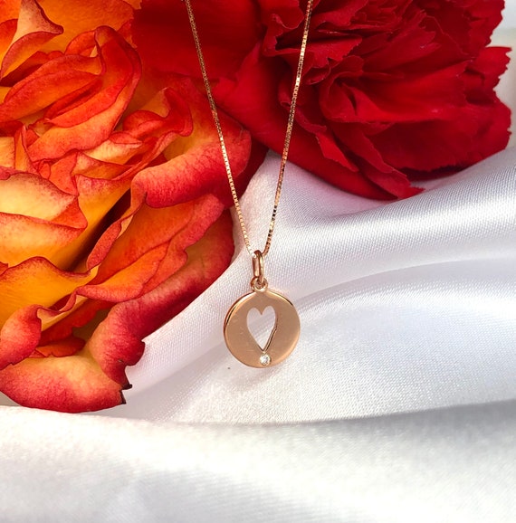 14K Diamond Open Heart Disc Necklace