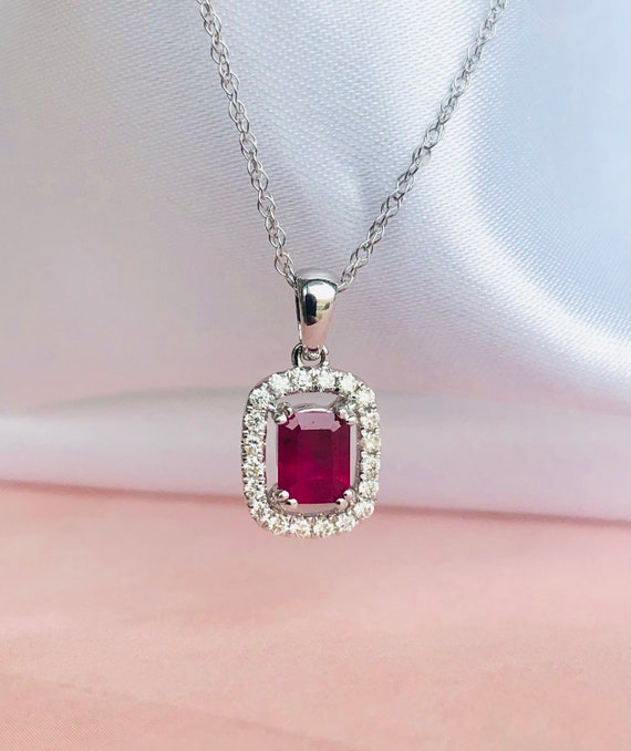 14kt White Gold Ruby and Diamond Halo Pendant