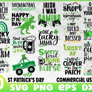 Pode incluir: Uma coleção de 20 arquivos SVG, PNG, EPS e DXF para o Dia de São Patrício, apresentando vários designs com trevos, duendes e ditos temáticos irlandeses. O texto inclui frases como "Lucky to be a Teacher", "Safety First Drink with a Nurse", e "I'm not short I'm Leprechaun Size".