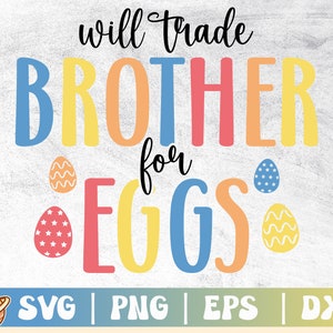 Pode incluir: Um design gráfico colorido com o texto "will trade BROTHER for EGGS" e ilustrações de ovos coloridos. O texto está em um esquema de cores arco-íris.