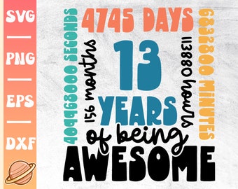 13 Years Svg | 13th Birthday Svg | 13 Years Old Birthday Party Cricut File | Happy 13th Bday | Awesome Since 2010 | Sublimation 13th Bday