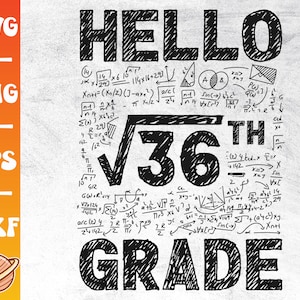 Pode incluir: Design gráfico em preto e branco com o texto "HELLO √36TH GRADE" rodeado por equações e símbolos matemáticos.