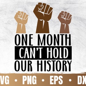 Pode incluir: Design gráfico preto e branco com três punhos levantados e o texto "ONE MONTH CAN'T HOLD OUR HISTORY".