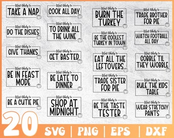 Könnte beinhalten: Zwanzig druckbare SVG-Schnittdateien zum Thema Thanksgiving mit lustigen Sprüchen über den Feiertag. Der Text ist in Schwarzweiß mit einer kleinen orangefarbenen Kürbisgrafik neben jedem Spruch.