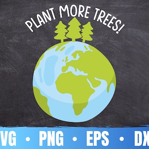 Pode incluir: Uma ilustração verde e azul da Terra com três árvores verdes no topo. O texto "PLANT MORE TREES!" está escrito em branco acima da Terra. A imagem está em um fundo de quadro negro.