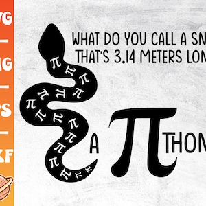 Könnte beinhalten: Eine Schwarzweißillustration einer Schlange, die aus dem mathematischen Symbol Pi besteht. Der Text "Was nennt man eine Schlange, die 3,14 Meter lang ist?" befindet sich über der Schlange. Der Text "Ein Pi-thon" befindet sich unter der Schlange.