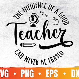 May include: Black and white graphic design with the text "The influence of a good teacher can never be erased". The graphic includes a globe, pencil, apple, and hearts.