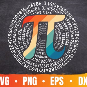 May include: A black and white graphic of the mathematical constant pi, with the digits of pi spiraling around the symbol. The background is a chalkboard with the text "SVG PNG EPS DXF" at the bottom.