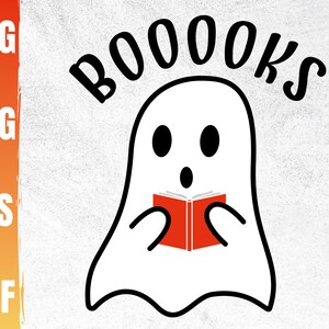 Pode incluir: Um fantasma branco com um livro vermelho nas mãos. O fantasma está dizendo "Booooks" em texto preto.