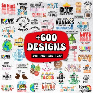 Pode incluir: Uma colagem de mais de 600 designs coloridos para artesanato e projetos digitais. Os designs apresentam vários temas, incluindo feriados, animais, comida e citações inspiradoras. Os designs estão disponíveis nos formatos SVG, PNG, EPS e DXF.