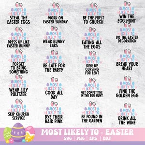 Puede incluir: Un conjunto de 16 tarjetas de juego de Pascua imprimibles con orejas de conejo y huevos coloridos. Cada tarjeta presenta una pregunta diferente « Más probable que » para un juego de fiesta de Pascua. El texto en las tarjetas incluye frases como « Robar los huevos de Pascua », « Trabajar el domingo de Pascua », « Ser el primero en la iglesia », « Ganar la búsqueda de huevos », « Vestirse como un conejito de Pascua », « Usar orejas de conejo », « Comer todos los huevos », « Hacer la decoración de Pascua », « Olvidar traer algo », « Llegar tarde a la fiesta », « Dejar de maldecir por la Cuaresma », « Romper tu corazón », « Usar Lily Pulitzer », « Cocinar todo el día », « Ser competitivo en la búsqueda de huevos », « Encontrar el huevo de oro », « Saltarse el servicio religioso », « Teñir su cabello de rosa », « Ser encontrado en el jardín » y « Beber todo el vino ».