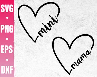 May include: Two black heart outlines with the words "mini" and "mama" written inside them.
