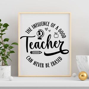 May include: Black and white printable wall art with the text "The influence of a good teacher can never be erased". The text is in a circle with a globe, apple, pencil, and hearts.