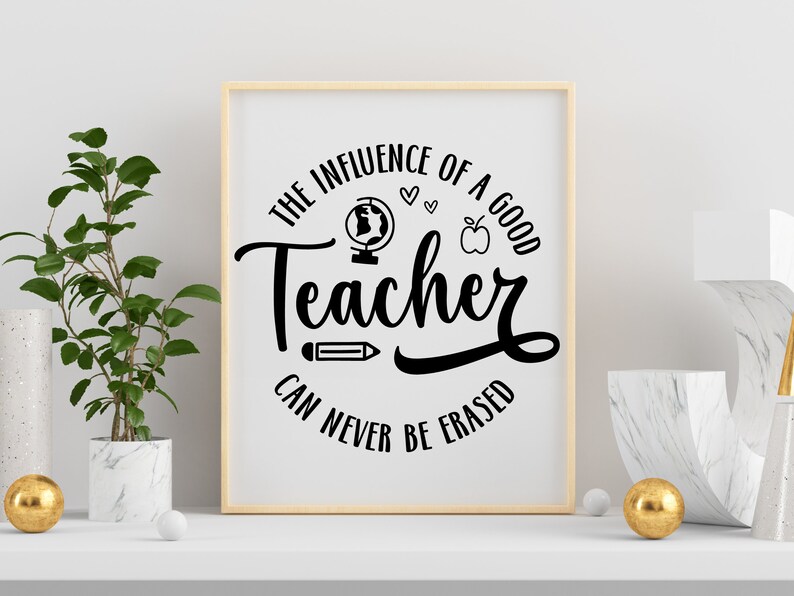 May include: Black and white printable wall art with the text "The influence of a good teacher can never be erased". The text is in a circle with a globe, apple, pencil, and hearts.