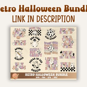 Puede incluir: Un conjunto de 12 dise&ntilde;os digitales tem&aacute;ticos de Halloween retro con fantasmas, calabazas y texto. Los dise&ntilde;os est&aacute;n en una variedad de colores, incluyendo rosa, morado y negro. El texto incluye frases como "Spooky Season", "Stay Spooky" y "Boo Haw".