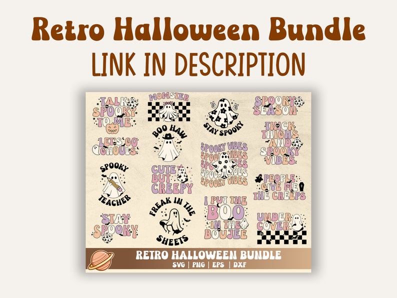 Puede incluir: Un conjunto de 12 dise&ntilde;os digitales tem&aacute;ticos de Halloween retro con fantasmas, calabazas y texto. Los dise&ntilde;os est&aacute;n en una variedad de colores, incluyendo rosa, morado y negro. El texto incluye frases como "Spooky Season", "Stay Spooky" y "Boo Haw".