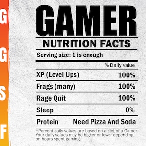 Puede incluir: Un gráfico en blanco y negro con el texto "GAMER NUTRITION FACTS" y una tabla que enumera "XP (Level Ups)", "Frags (many)", "Rage Quit" y "Sleep" con sus valores diarios correspondientes. La tabla también incluye el texto "Need Pizza And Soda" y una advertencia sobre los valores diarios basados en la dieta de un jugador.