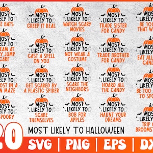 May include: Twenty orange pumpkin illustrations with text that says "Most Likely To" followed by a Halloween-themed phrase. The text is in black and white. The illustrations are on a white background.